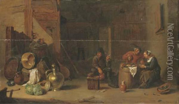 Amorous Peasants Eating Oysters And Another Peasant Smoking A Pipe In A Barn Oil Painting - David The Younger Teniers