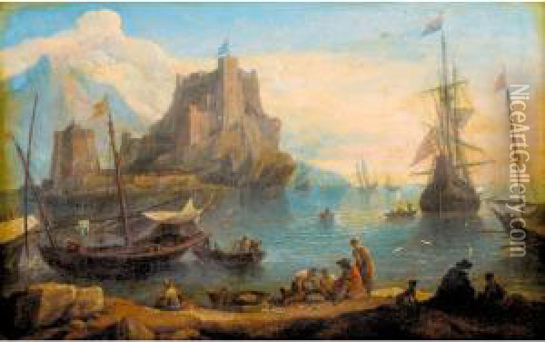 A Mediterranean Harbour Scene With Fishermen Unloading Their Catch Oil Painting - Adriaen Manglard