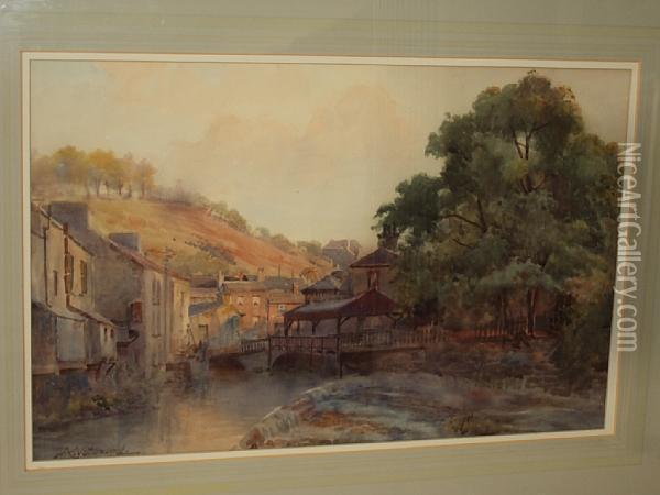 A Village By A River Oil Painting - Arthur Netherwood