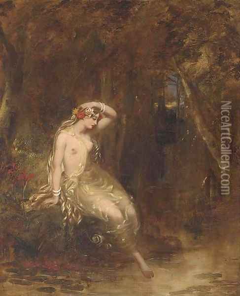 A nymph at the waters edge Oil Painting - Alfred Woolmer