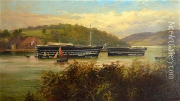 Moored Sailing Vessels Signed Oil Painting - George Henry Jenkins