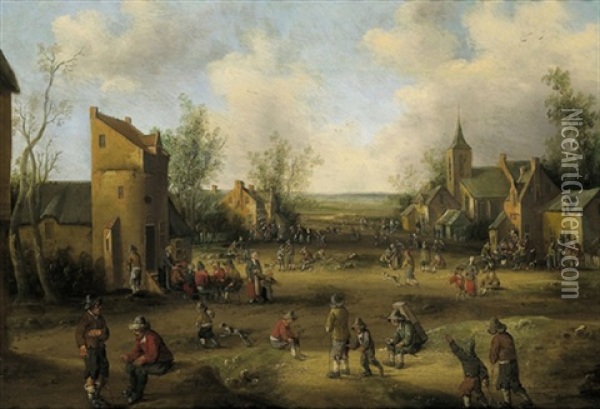 Eine Dorfstrase Mit Vielen Figuren Oil Painting - Cornelis Droochsloot