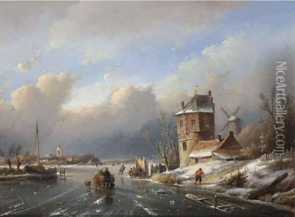 Figures On A Frozen Waterway Near A 'koek En Zopie' Oil Painting - Jan Jacob Coenraad Spohler