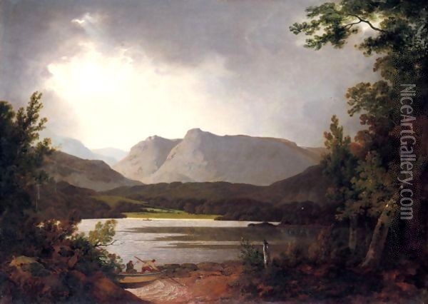 View Of Lake Windemere With Langdale Pikes Oil Painting - Josepf Wright Of Derby