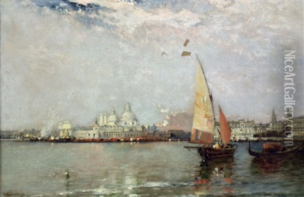 View Of Venice From The Lagoon Looking Towards Santa Maria Della Salute Oil Painting - Arthur Joseph Meadows