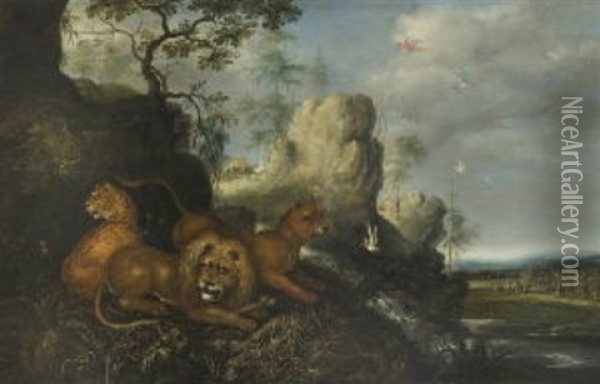 Phantastische Felsenlandschaft Mit Lowenpaar Und Leopard Oil Painting - Roelandt Savery