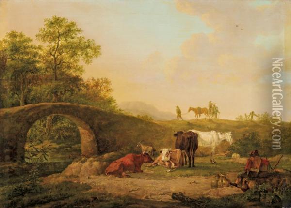 Landschaft Mit Hirten Undherde An Einer Brucke Oil Painting - Johann Christian Klengel