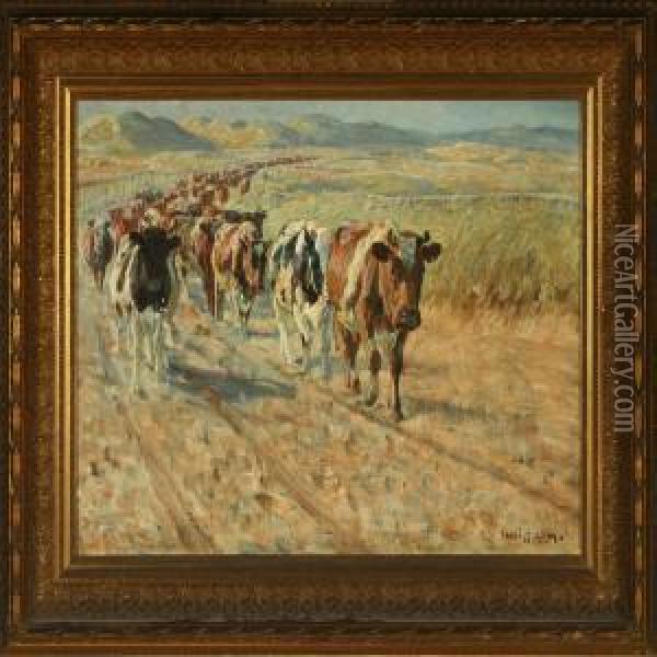 The Cattle Is Driven Home Oil Painting - Niels Pedersen Mols