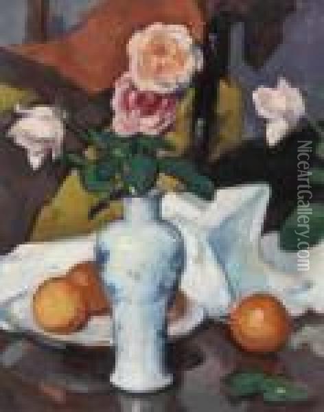 Roses In A Vase With Oranges And A White Tablecloth Oil Painting - Samuel John Peploe