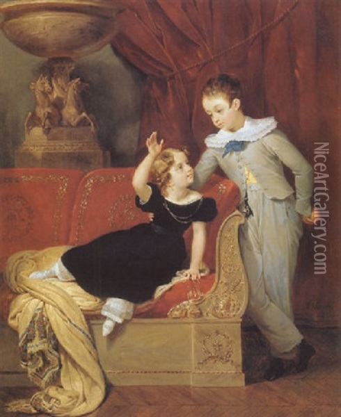Portrait Of Two Children In An Empire Style Interior Oil Painting - Merry-Joseph Blondel