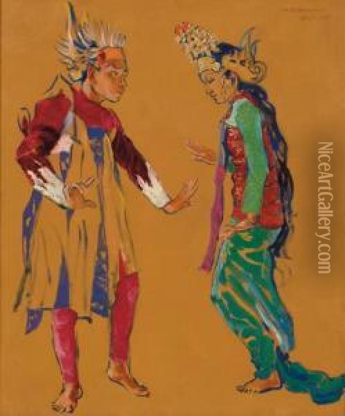 Two Balinese Dancers Oil Painting - Ceszlaw Mystkowsky