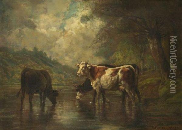Vaches En Bord De Riviere. Oil Painting - Theodore Levigne
