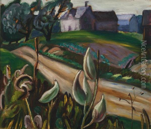 Country Road With Farm Buildings And Milkweed Oil Painting - Prudence Heward