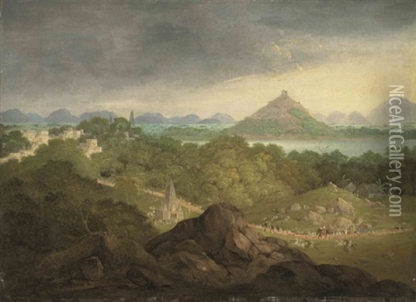 Pushkar, India, With A Parade Of Figures, Elephants And Horses In The Foreground Oil Painting - Charles (Sir) D'Oyly