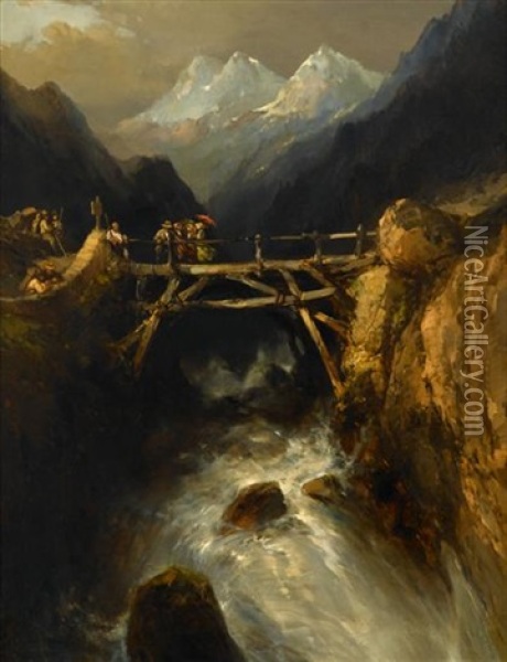 Figures Crossing A Footbridge Oil Painting - Louis-Gabriel-Eugene Isabey