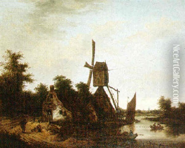 Landscape With A Windmill Beside A River, With Figures Boating, Others Resting On A Path Oil Painting - Salomon Rombouts