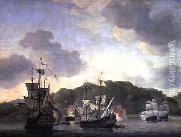 A Naval Engagement, 1659 Oil Painting - Willem van de Velde the Younger
