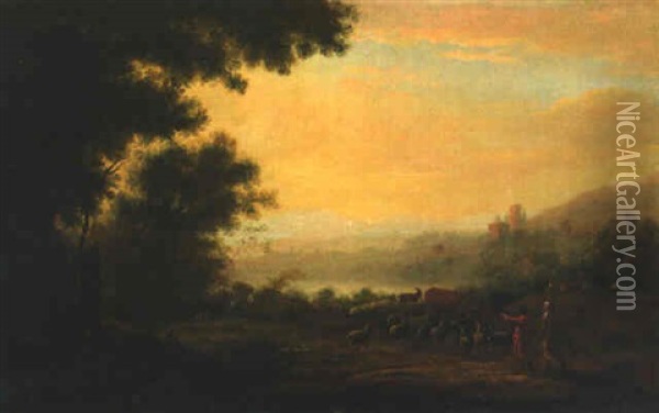 An Italianate River Landscape At Dawn With Shepherds And Their Herds Oil Painting - Claude Lorrain