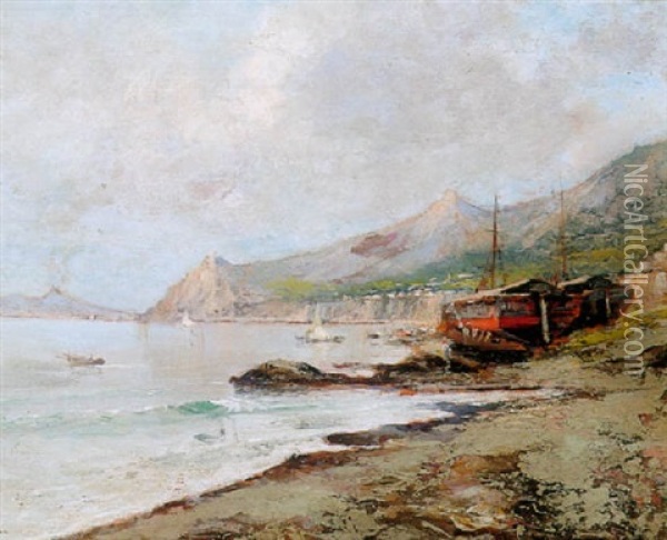A Neapolitan Coastal Scene With Vesuvius Beyond Oil Painting - Oscar Ricciardi