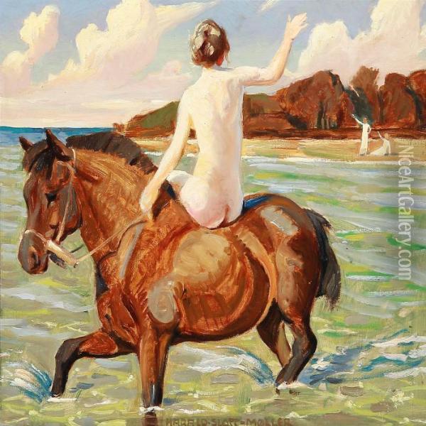 Back Turned Nude Woman On Horseback In The Shallows Oil Painting - Harald Slott-Moller