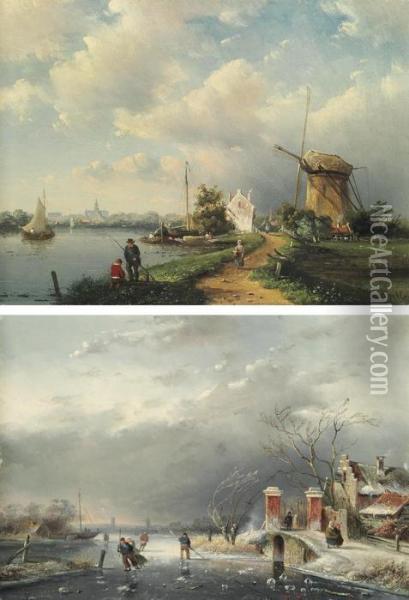 A Summer Landscape; And A Winter Landscape Oil Painting - Jan Jacob Coenraad Spohler