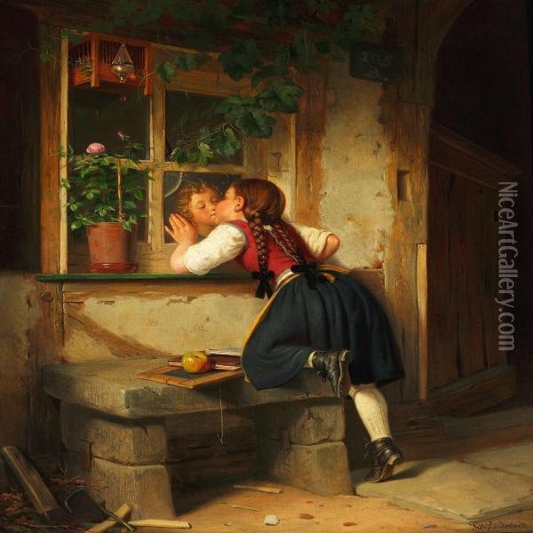 A Boy And Girl Kissing In Secret On A Window Pane Oil Painting - Fritz Sonderland