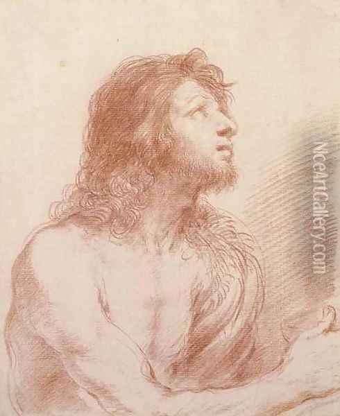 Saint John the Baptist, half-length, looking up to the right, holding a bowl Oil Painting - Giovanni Francesco Barbieri