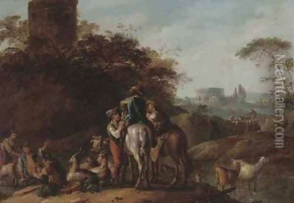 An Italianate landscape with travellers resting with herdsmen by a tower Oil Painting - Joseph Conrad Seekatz