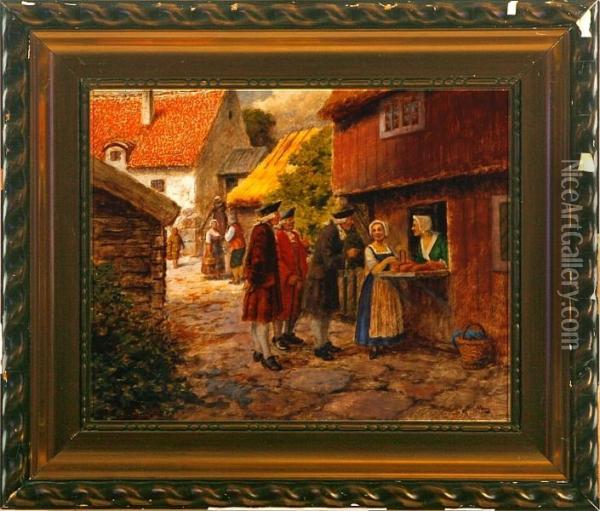 A Conversation At The Bread Store. Signed Oil Painting - Emil Aberg