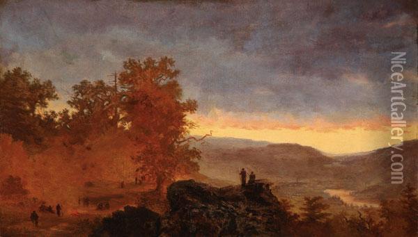 An Expansive River Valley Landscape With Soldiers Overlooking An Encampment Below Oil Painting - John Frederick Kensett