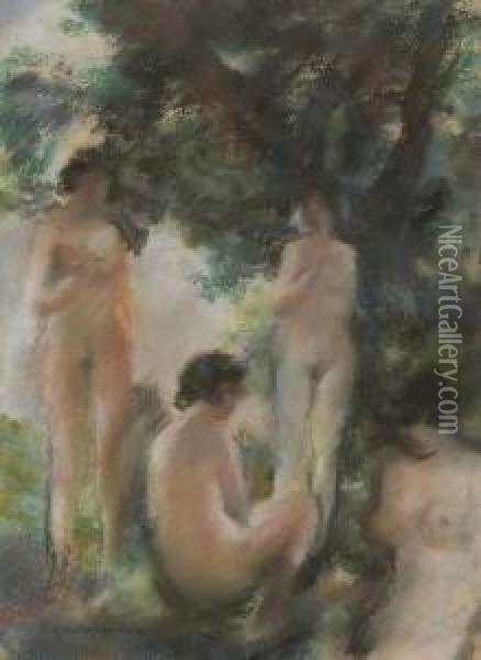 Badende. Vier Frauenakte. Oil Painting - Max Mayrshofer