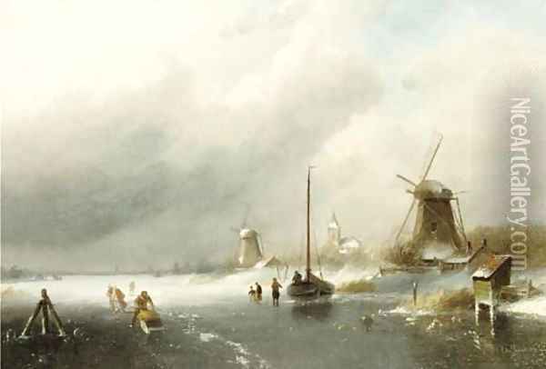 Figures on a frozen river, with windmills beyond Oil Painting - Charles Henri Leickert