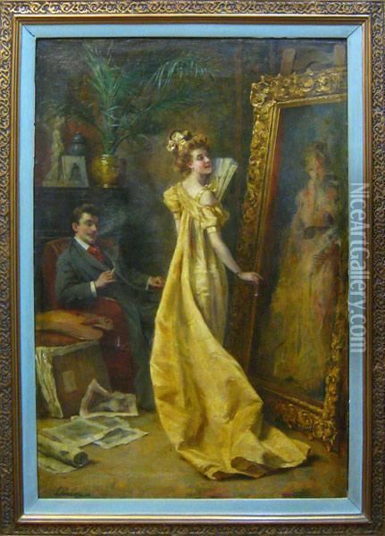 Couple Elegant Admirant Un Portrait De Femme Oil Painting - Leon Houbaer