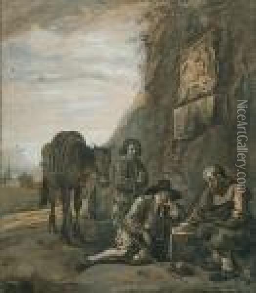 Figures Resting With Their Horse Beside A Path Oil Painting - Jan Miel