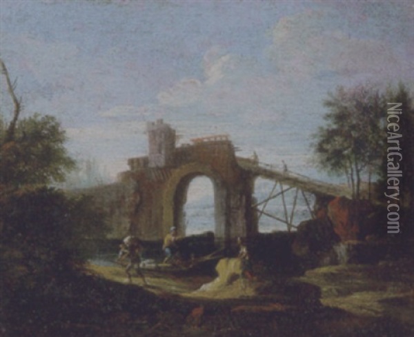 Paesaggio Fluviale Con Un Ponte Diroccato, Un Barcaiolo E Due Astanti Oil Painting - Bartolomeo Pedon