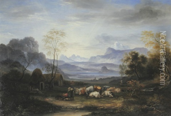 Ideale Gebirgslandschaft Mit Hirtenstaffage Oil Painting - George Augustus Wallis