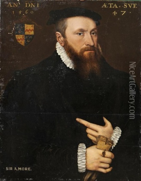 Portrait Of A Gentleman (member Of The Dodding Family?) Wearing A Black Coat And Cap Oil Painting - Antonis Mor Van Dashorst