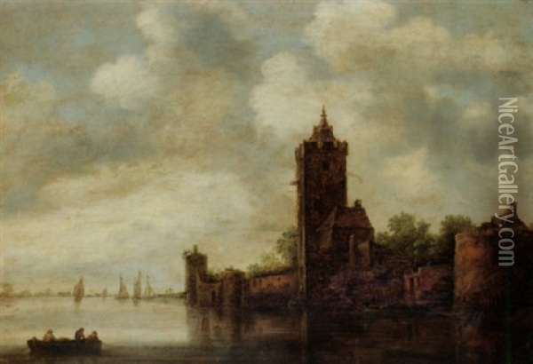 A River Landscape With A Castle And Fishermen Oil Painting - Wouter Knijff