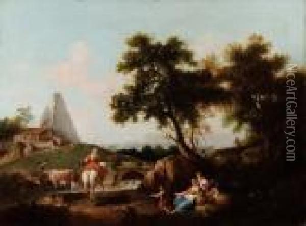 Paesaggio Con Pastori, Torrente E Piramide Cestia Oil Painting - Giuseppe Bernardino Bison