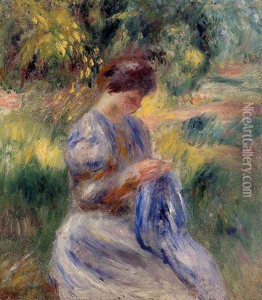 The Embroiderer Aka Woman Embroidering In A Garden Oil Painting - Pierre Auguste Renoir