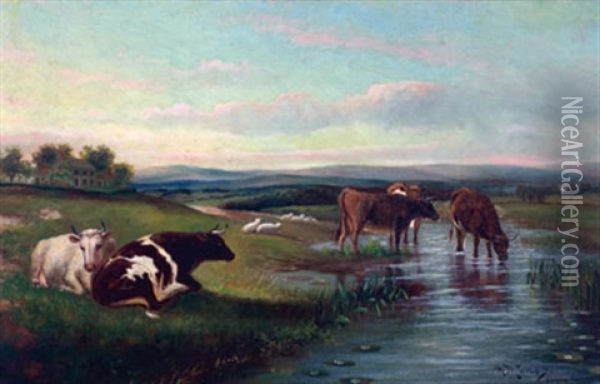 Cows Watering In A Stream, Distant Farmhouse Oil Painting - Hugh Bolton Jones