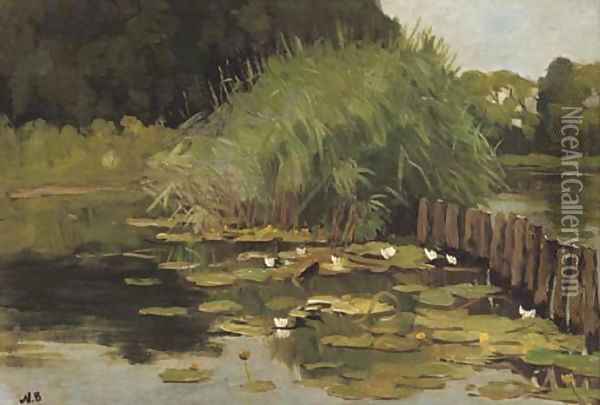 Biezen en waterlelies the river Vecht near Nieuwersluis Oil Painting - Nicolaas Bastert