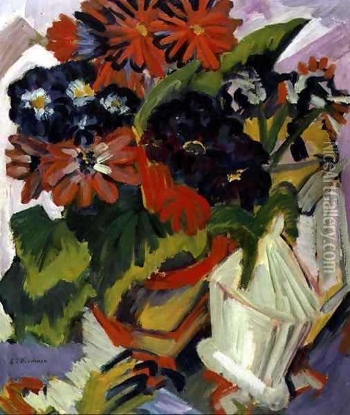 Bouquet of Flowers with a Sugar Bowl Oil Painting - Ernst Ludwig Kirchner