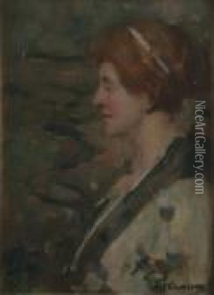 Portrait Of A Red-haired Beauty Signed 24.5 X 17.5in Oil Painting - David Young Cameron