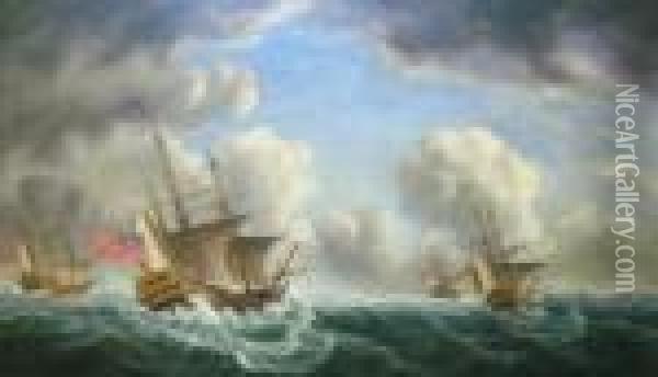 Theenglish Fleet In A Heavy Sea Oil Painting - Peter Monamy