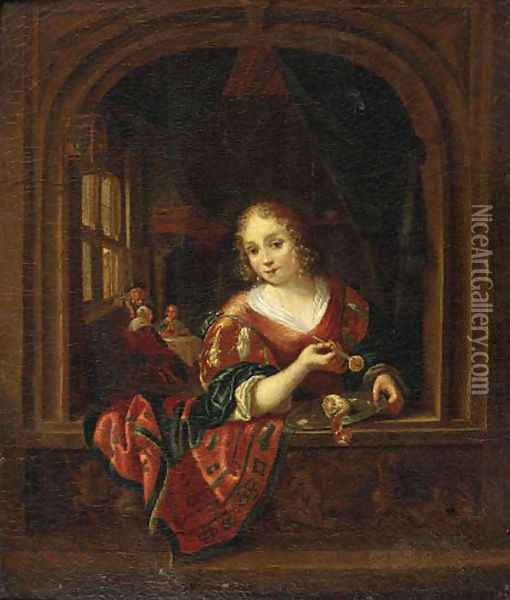 A young woman, standing at a stone window, holding a knife with a slice of lemon above a pewter dish Oil Painting - Dominicus van Tol