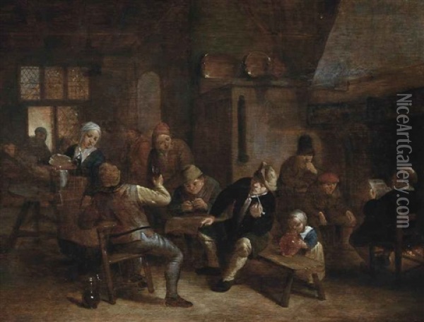 Peasants In An Interior Drinking Oil Painting - Adriaen Jansz van Ostade