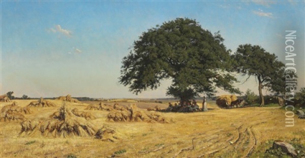 Harvest Landscape With Large Oak Trees In The Field Oil Painting - Viggo Pedersen