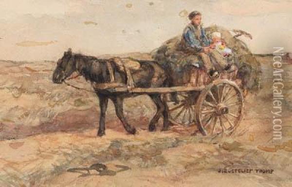 A Father And Child On A Horse-drawn Cart Oil Painting - Jan Zoetelief Tromp