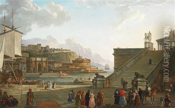 A Mediterranian Port With An Architectural Capriccio Of Motifs From The Roman Antiquity Oil Painting - Jean Jacques Francois Taurel